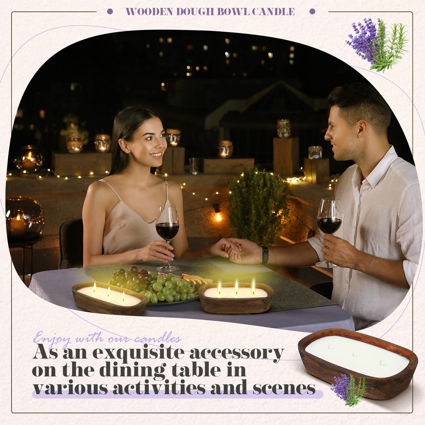 Threlaco 2 Pack Wood Dough Bowl Candle Jar Candle Decorative with Wick Scented Candles Soy Gifts for Men Women Farmhouse Table Centerpiece Home(Lavender)