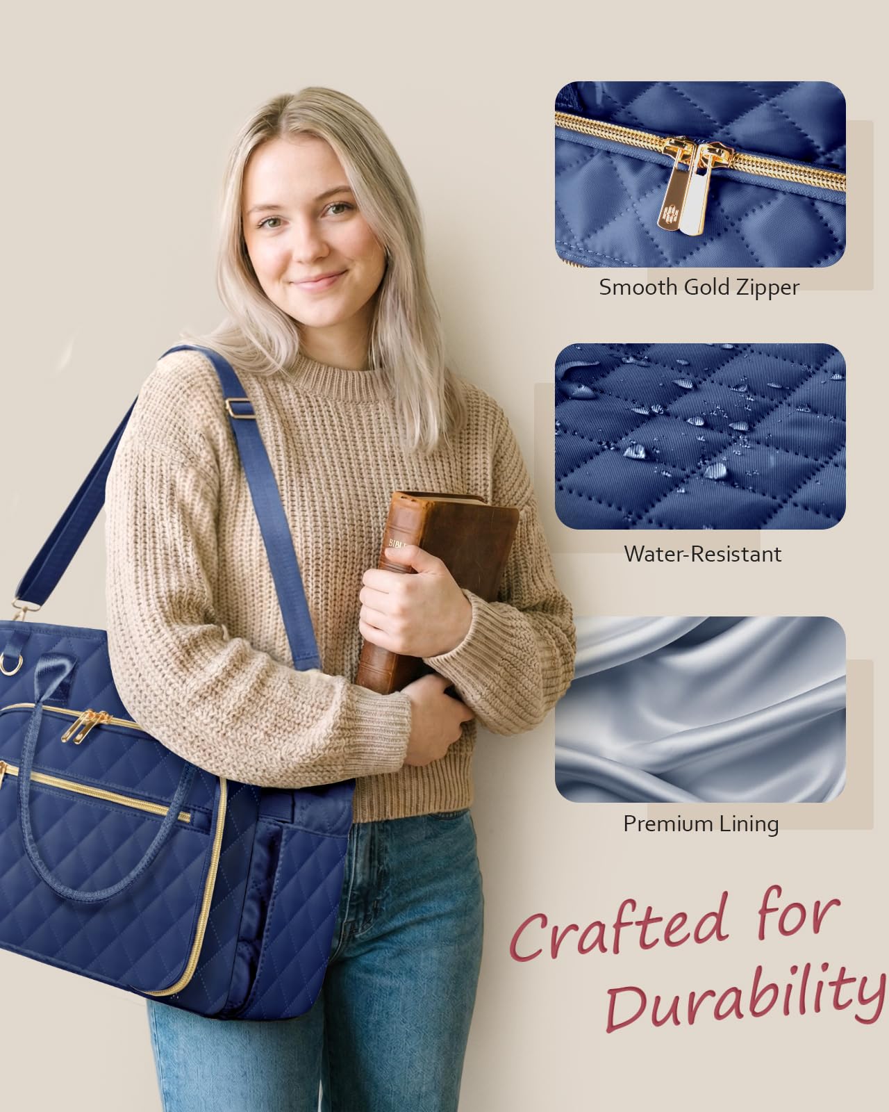 BellaHold Large Bible Bag with Bible Cover Case for Women, Church Bag with shoulder strap, Quilted Bible Cover for Bible Study Supplies, a Christian Gift for Women, Beige