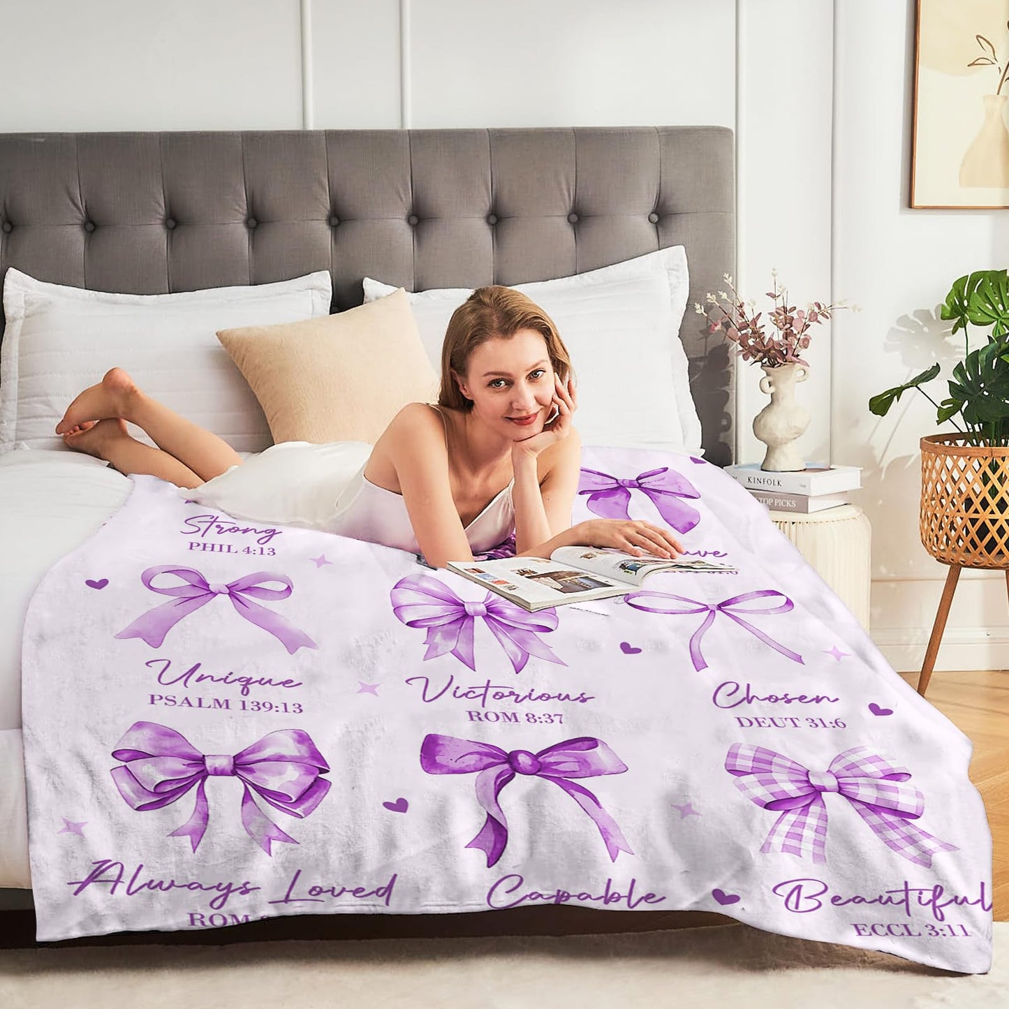 CIUGOIG Christian Gifts for Women - God Says I Am Blanket 50"X60" - Inspirational Religious Birthday Catholic Spiritual Gifts & Baptism Comformation Gifts for Girl Purple Bow Bible Verse Blanket