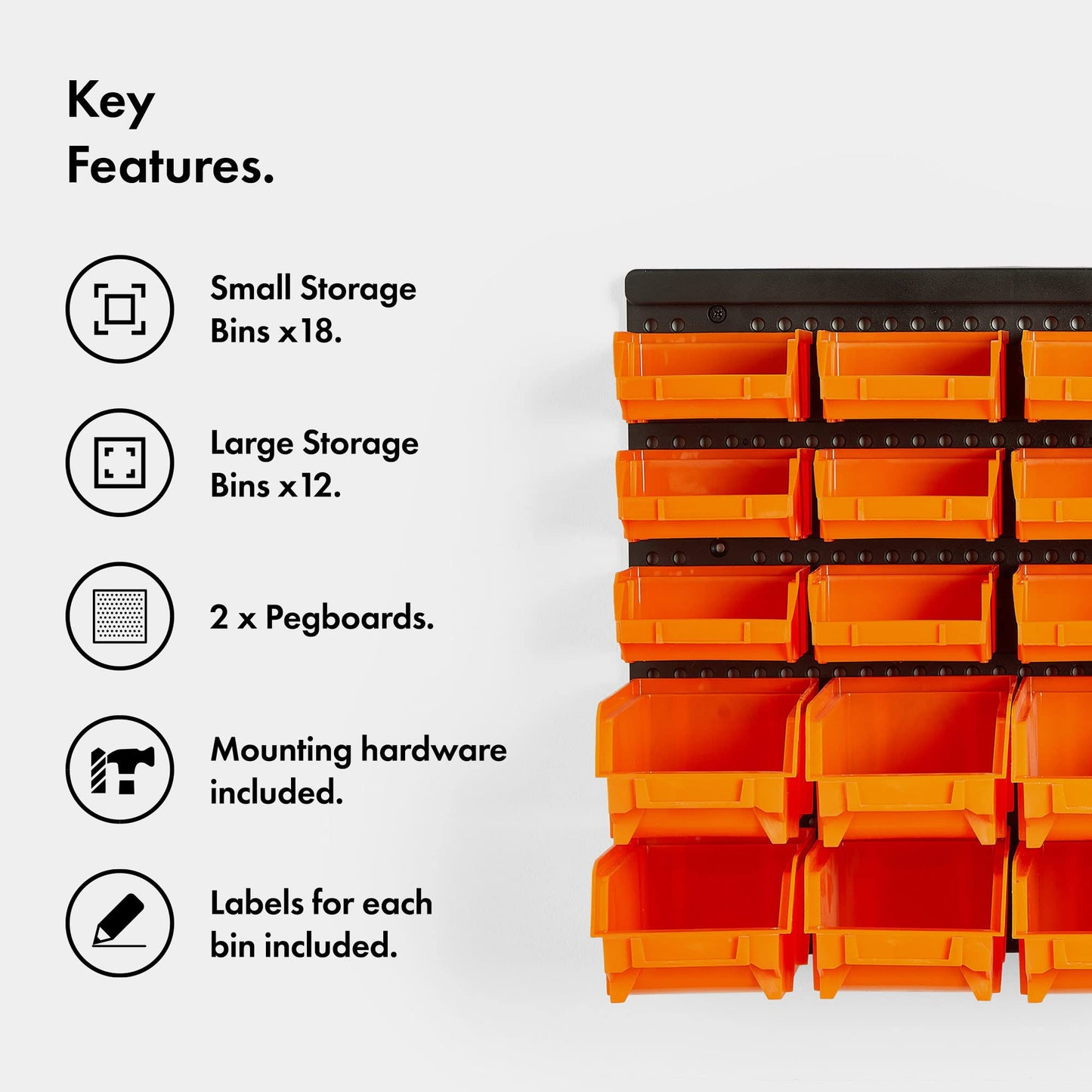VonHaus 30 Pcs Wall Mount Storage Organiser Bin Panel Rack - DIY Tool Bits Boxes