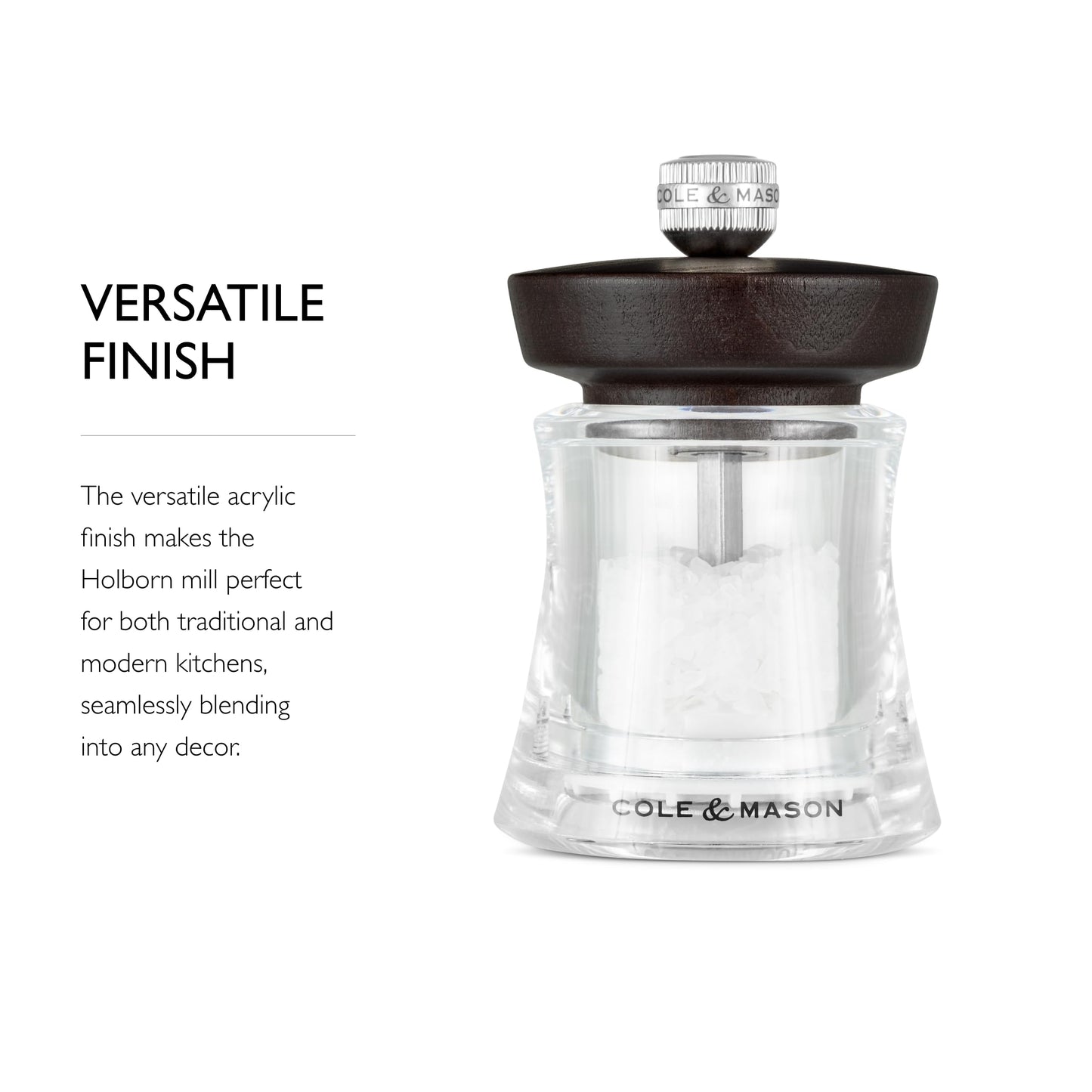 Cole & Mason Holborn Acrylic Salt Mill - Compact Hand Grinder - Acrylic Kitchen Tool with Adjustable Grind Setting - Easy-to-Clean Grinder with Premium Design - Chocolate Salt Mill, 3.75"