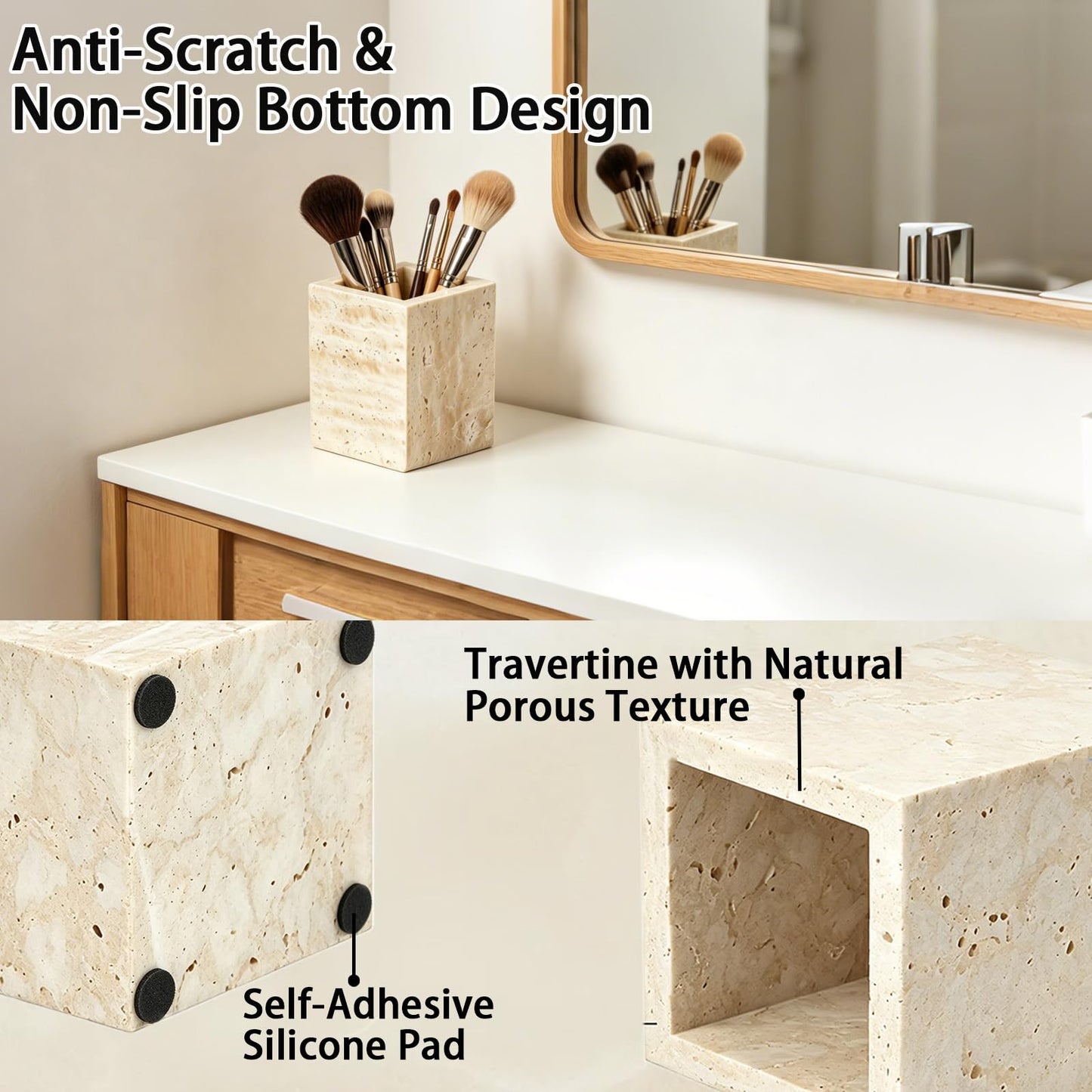 Voodefy Travertine Toothbrush Holder: Travertine Pen Holder - Marble Brush Holder - Marble Organizer for Vanity - Candle Organizer - Utensil Holder for Bathroom,Office and Home