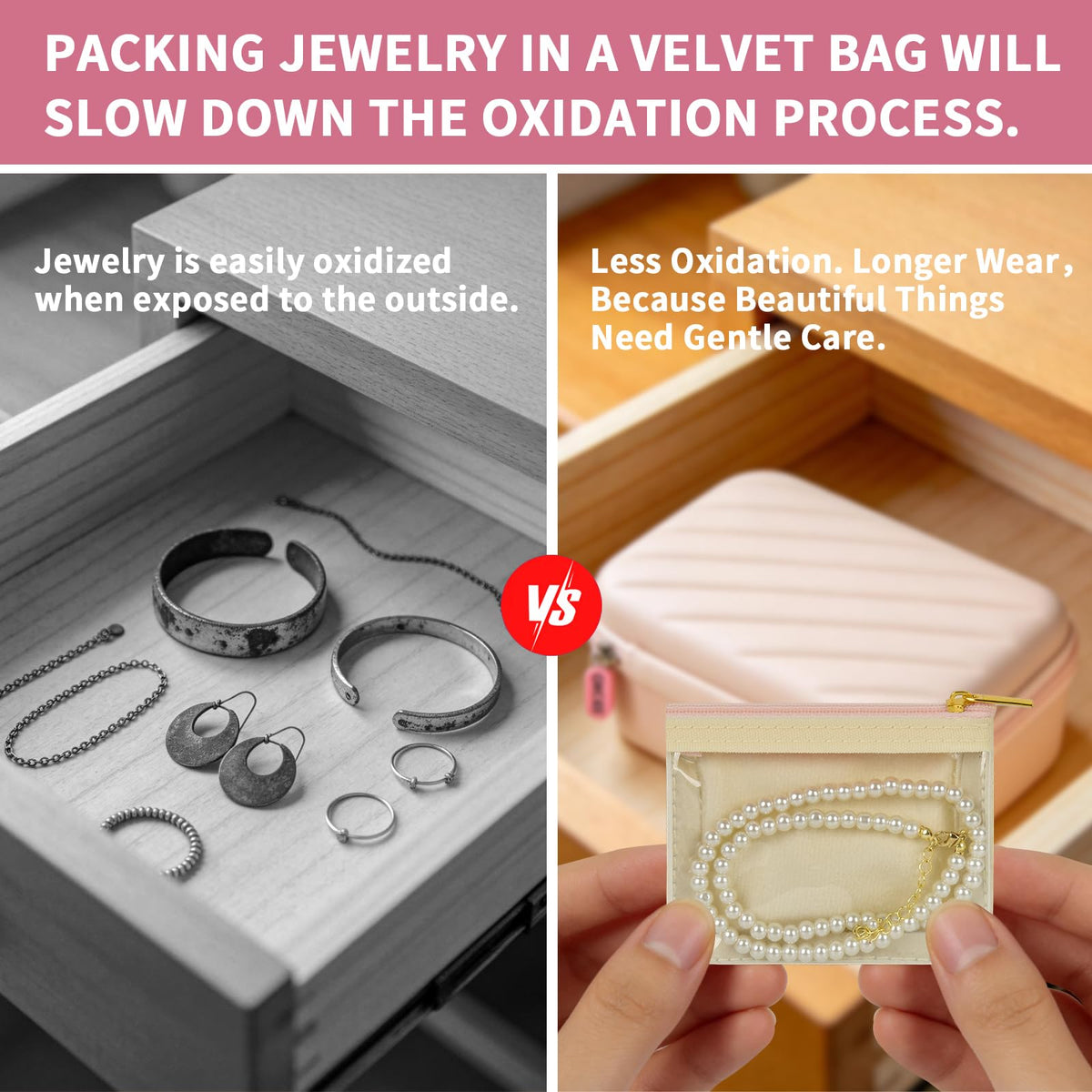 GWCASE Travel Jewelry Case with 8 Clear Tangle-Free Velvet Pouches, Large Capacity Jewelry Organizer Bag with Extra Space for Ring Box Watch, Waterproof PU Leather Pink Box for Women, Long Trips