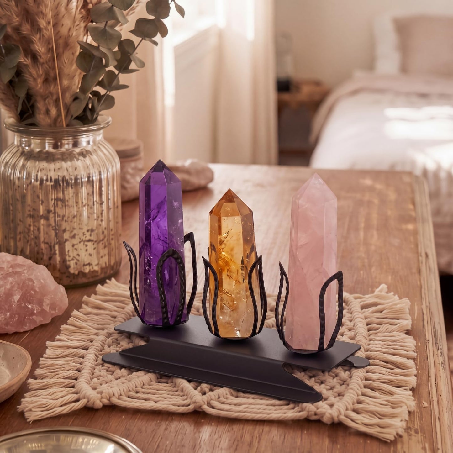 Hicarer Crystal Ball Display Stand Bohemian Black Metal Holder for Natural Stones Geode Mineral Specimen Marbles Crystal Sphere Pedestal Removable Home Desktop Decor Boho Gift