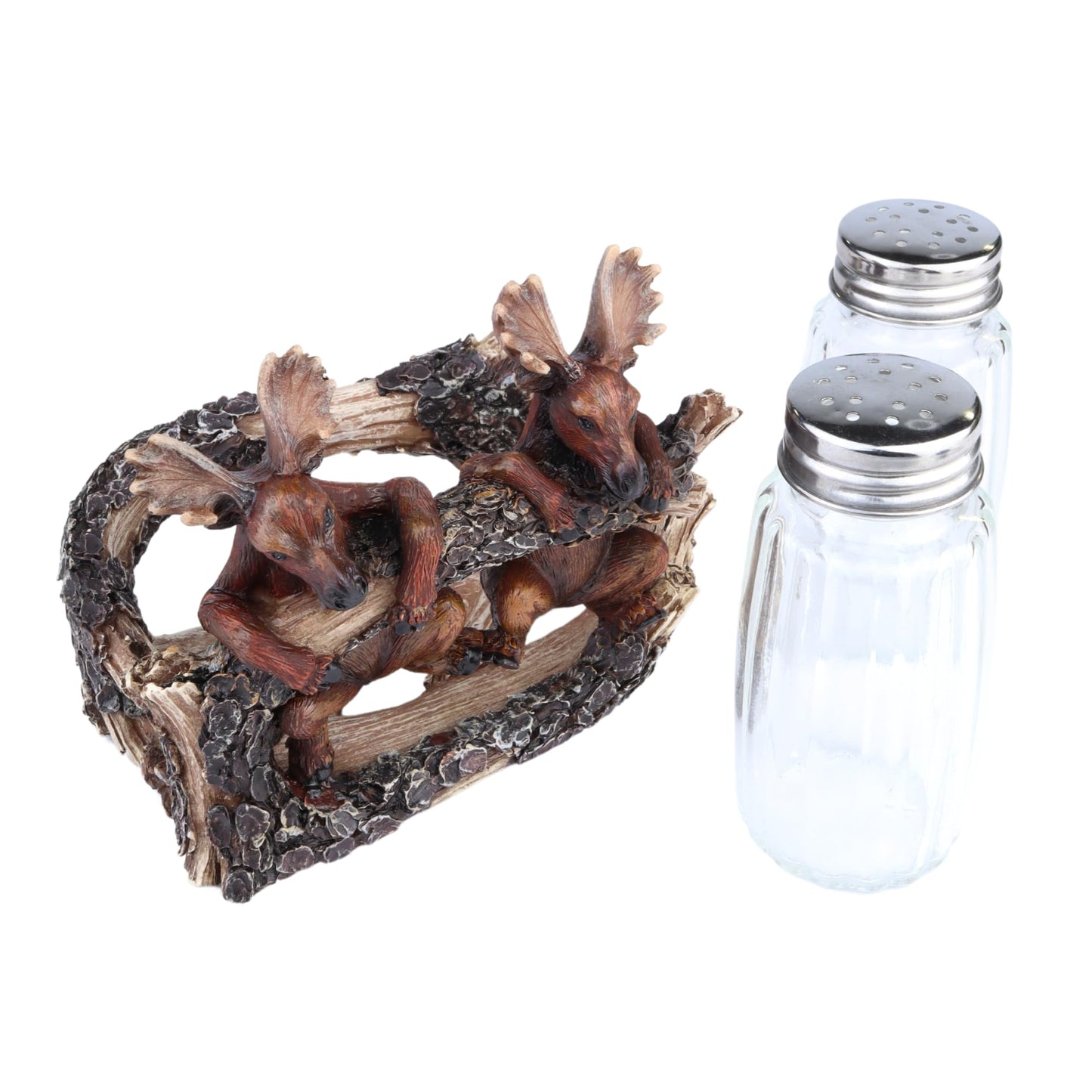 Needzo Moose Salt and Pepper Shakers Set and Holder, Rustic Cabin Kitchen Accessory, Wildlife Themed Keepsake Gift, 4.5x3.3x3.5 Inches