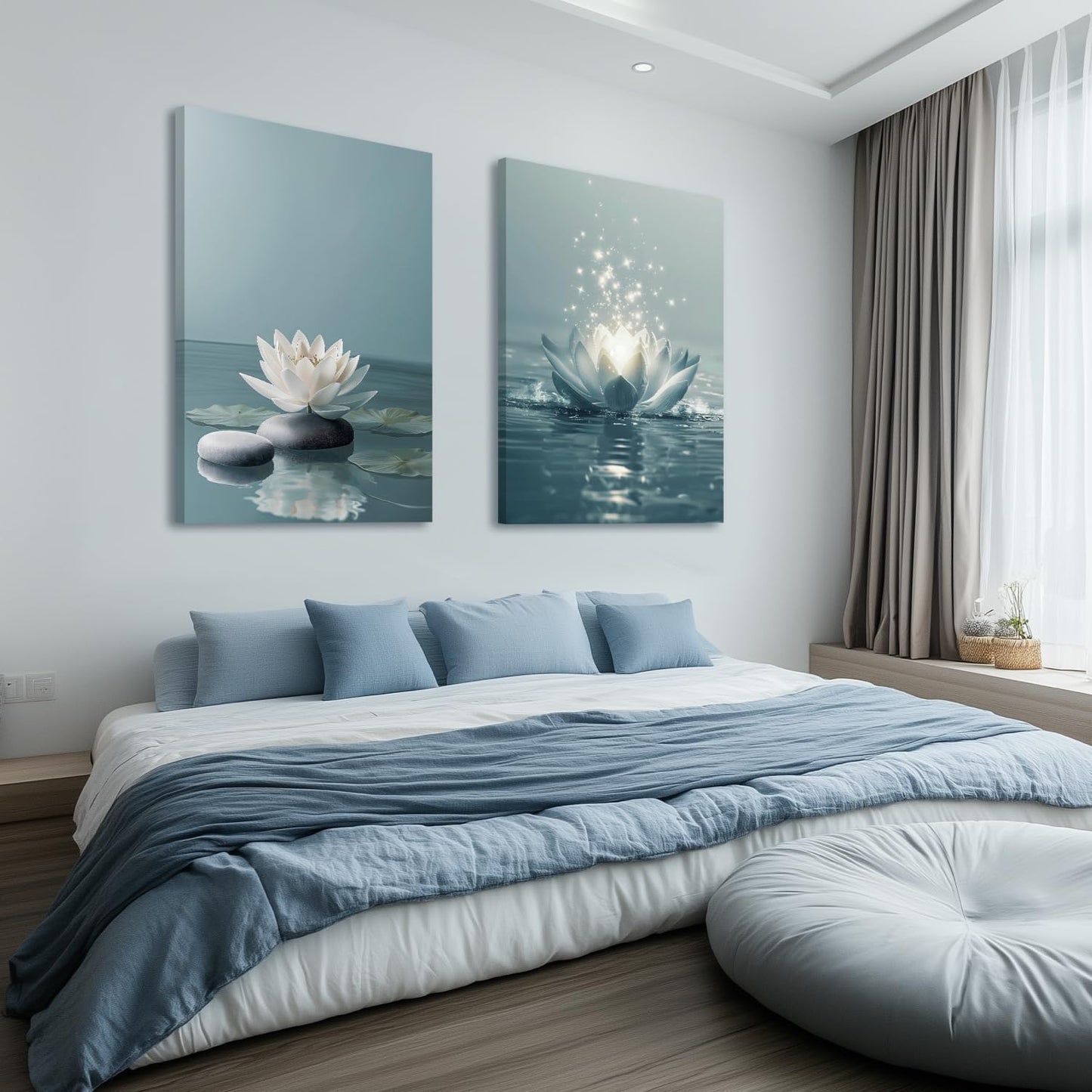 GELDSTEI Calm Zen Botanical Canvas Wall Art, White Lotus Blooming on Stones in Water Aesthetic Pictures, Yoga Spa Meditation Room Decor, Modern Spiritual Poster Prints for Zen Office Framed Set of 3, Each 12x16 Inch