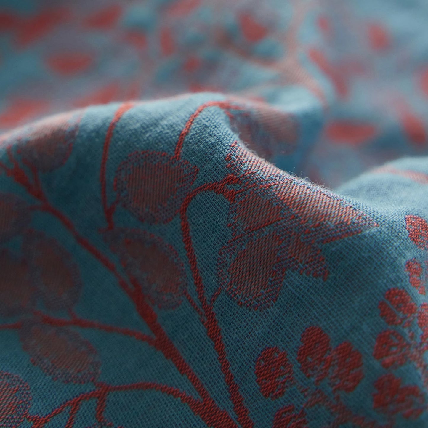 VM VOUGEMARKET Blue Red Duvet Cover Queen,3 Pieces Retro Jacquard Forest Theme Tree Leaves Bedding Set,Linen Cotton Yarn-Dyed Textured Duvet Cover with Zipper Closure