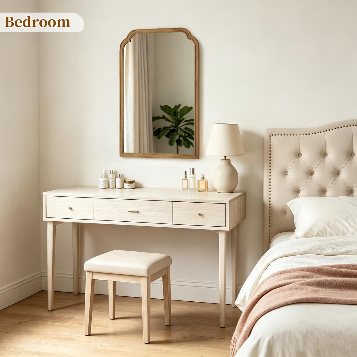 HOMECOOKIN Wood Bathroom Mirrors for Wall Mounted, Rustic Solid Wood Frame Wall Mirrors Decorative for Living Room, Entryway, Bedroom Vanity, Arch Scalloped Farmhouse Mirror(24" x 36",Natural)