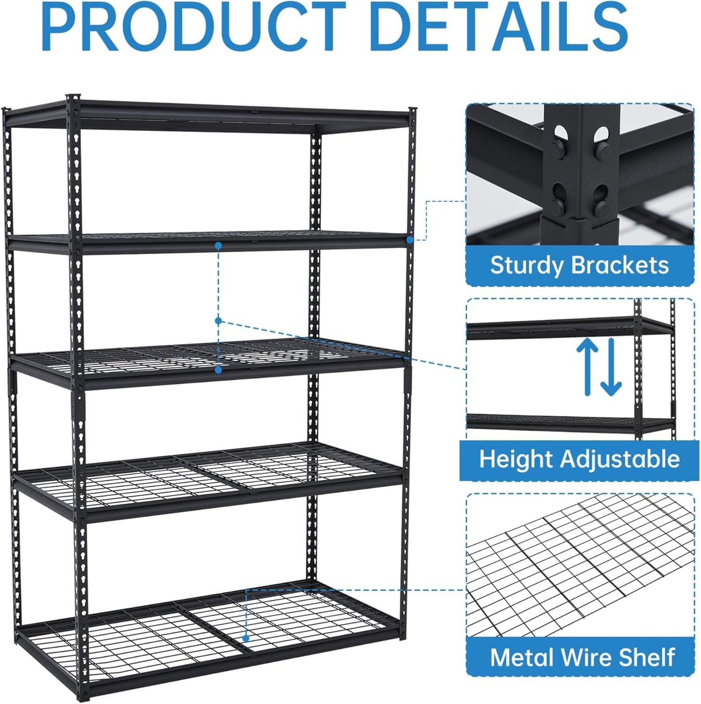ExploreHorizon 2500 Lbs Capacity Heavy Duty Garage Shelving, 60x24x72 Inch 5-Tier Metal Wire Shelves, Adjustable Industrial Storage Rack for Garage, Basement, Warehouse Organization