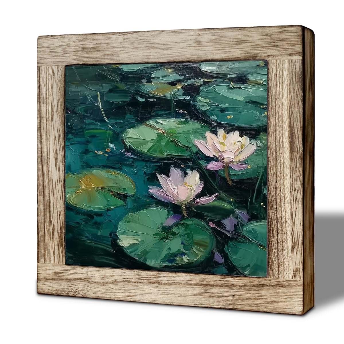 Lotus Desk Decor Wooden Box Sign, Tranquil Water Lily Oil Painting Style Tabletop Plaque, Zen Nature Shelf Counter Accent, Rustic Farmhouse Floral Gift for Home Office