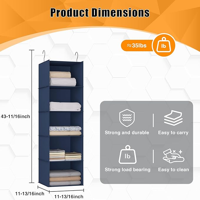 Hanging Closet Organizer and Storage 5-Shelf, Easy Mount Foldable Hanging
