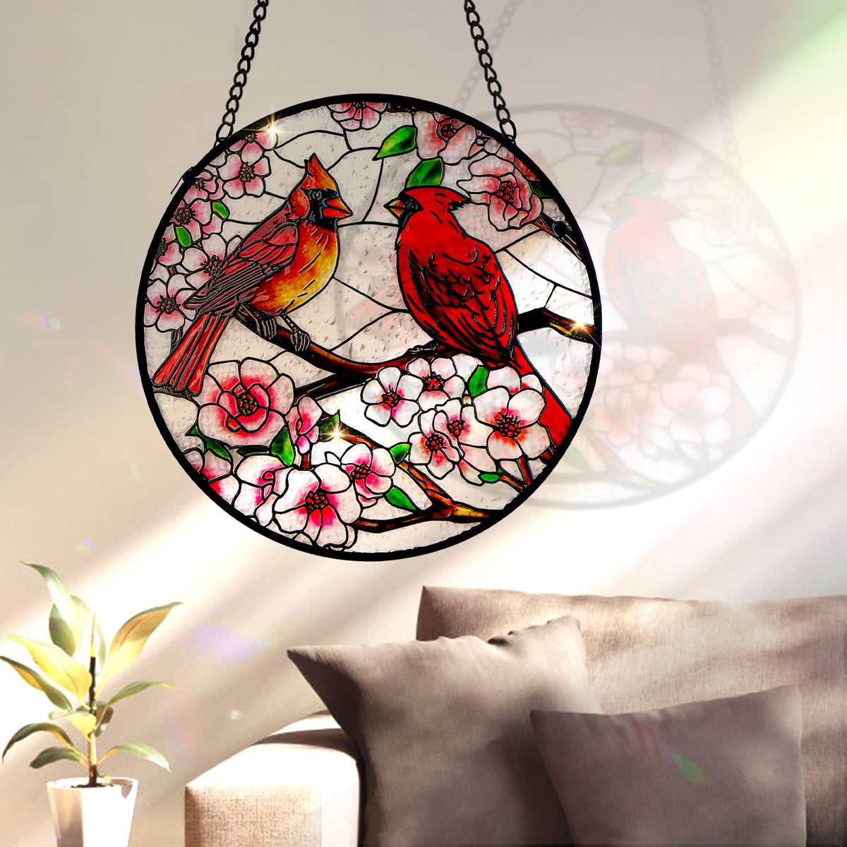 Remiawy Cardinal Stained Glass Window Hanging, 6 Inch Sun Catcher Glass Panel with Metal Chain and Hooks Suncatcher Indoor Window Wall Art Home Decor Gift for Bird Lovers Women Mother's Day Christmas