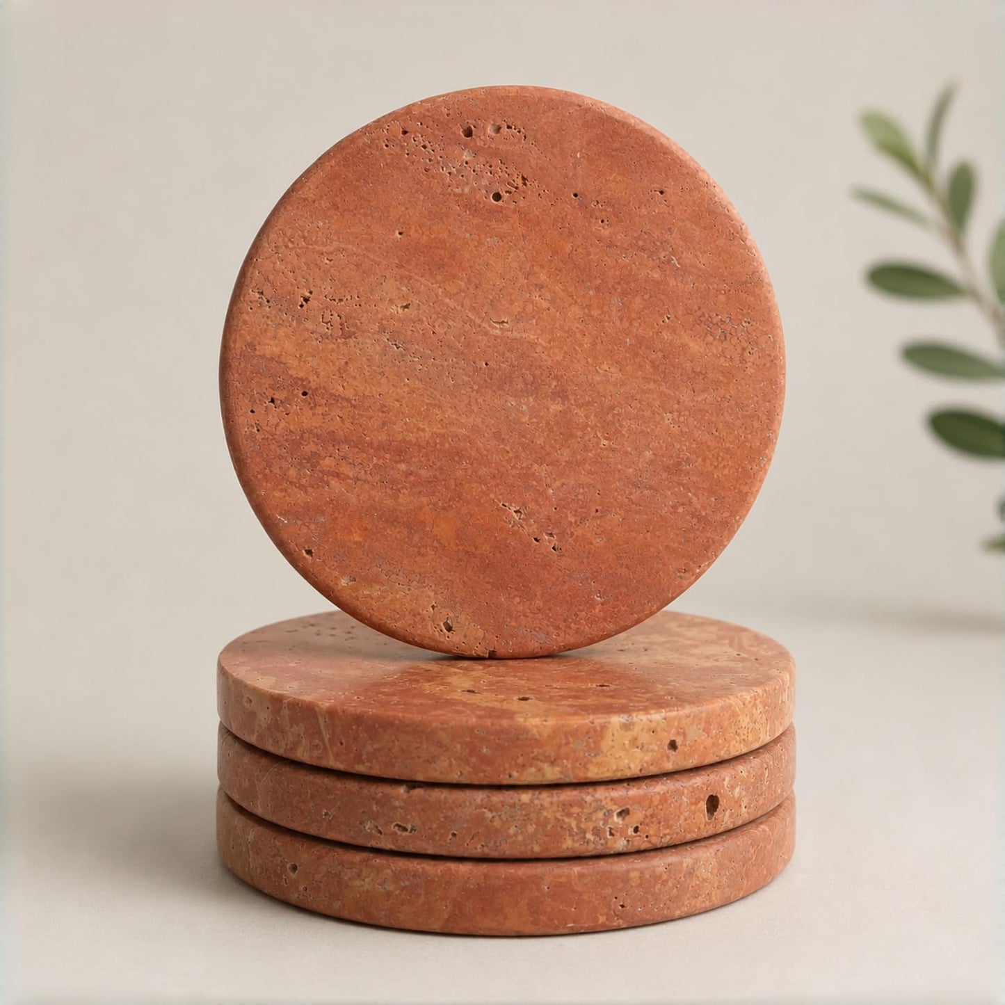 Natural Travertine Coasters Set of 4 – Absorbent Stone Drink Coasters with Cork Backing, 4” Round Neutral Coffee Table Décor for Organic Modern Home Aesthetic