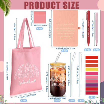 Talltalk 14 Pcs Godmother Appreciation Gift Set for Women 16oz Glass Canvas Bag A5 Journal Ballpoint Pen Notes Highlighter for Mother's Day Easter Birthday Wishes(Pink)