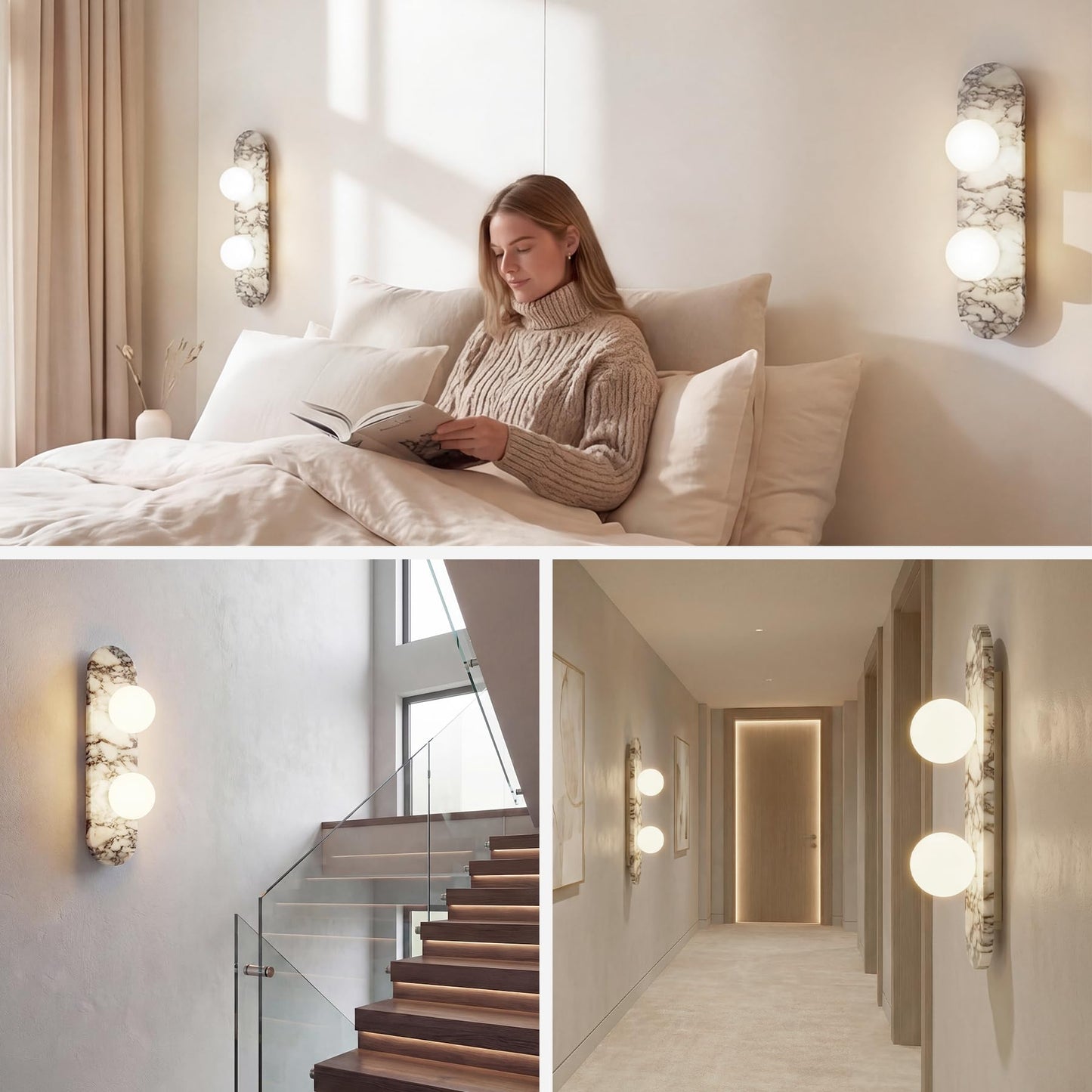 SAMAH Natural Marble Wall Sconce, Alabaster Hardwired Wall Light, Elegant Nordic-Style Wall Mount Fixture for Bedroom, Bathroom Vanity, Living Room, Hallway, Staircase, Perfect Housewarming Gifts