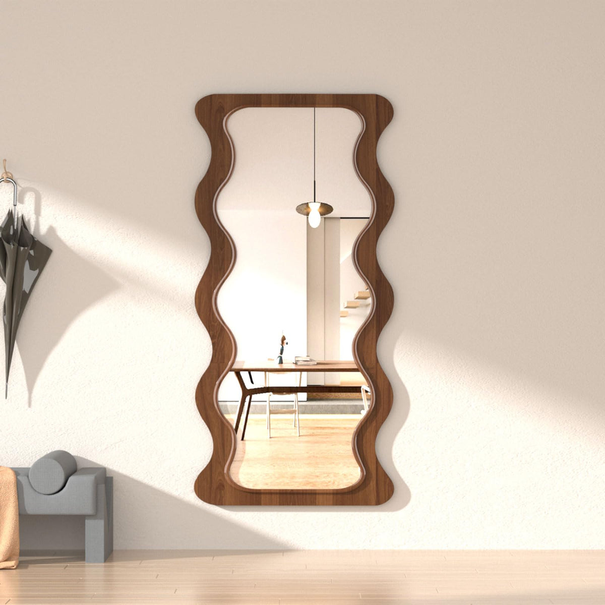 OUSIMY 65" x 24" Wavy Full Length Mirror Wood Framed, Hanging or Leaning for Bedroom Dressing Living Room