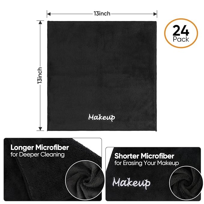 Makeup Remover Cloth, 24 Pack Black Facial Wash Cloths, Soft Coral Fleece