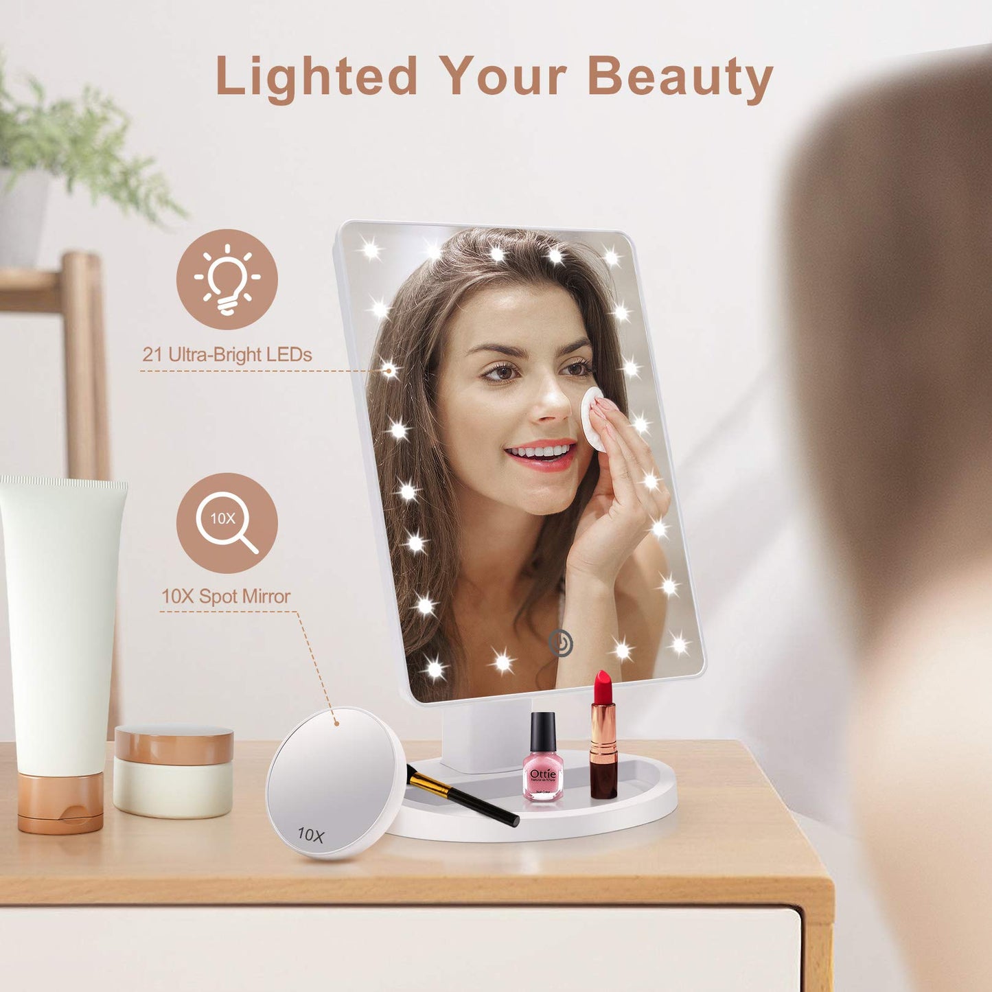 FASCINATE Makeup Vanity Mirror with Lights and Detachable 10X Magnification, 21 Led Lights Adjustable Dimming Touch Sensor, Dual Power Supply, 180° Rotation, Portable Cosmetic Mirror(White)