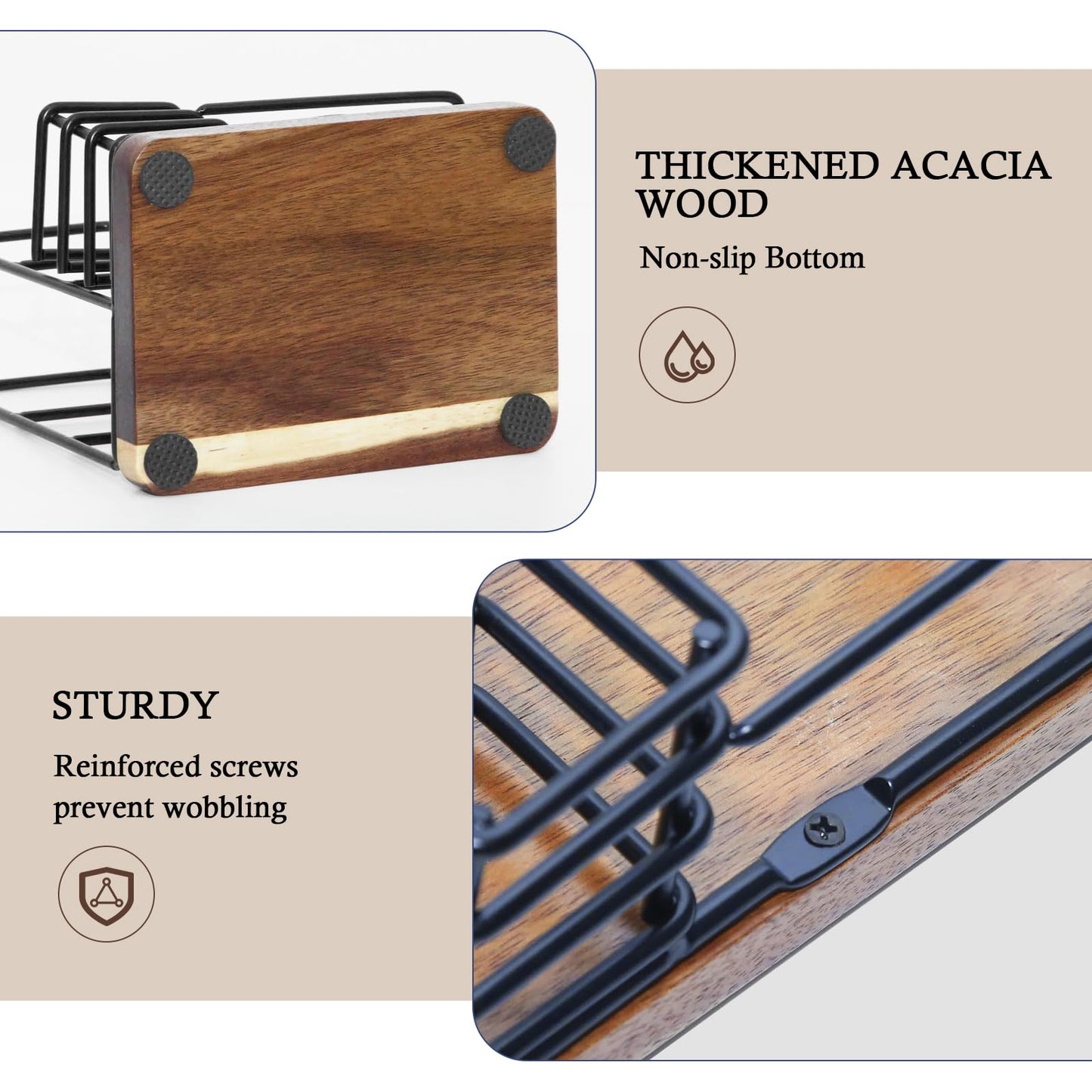 Napkin Holder for Table, Standing Napkin Holder with Salt and Pepper Shakers, Acacia Wood Base, Iron Build, for Kitchen, Dining Room, Outdoor Use（Fork and knife not included）