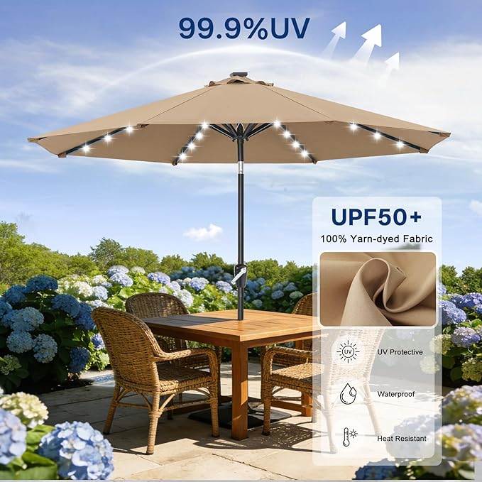 ABCCANOPY Durable Solar Led Patio Umbrellas with 32LED Lights 9FT (Tan)