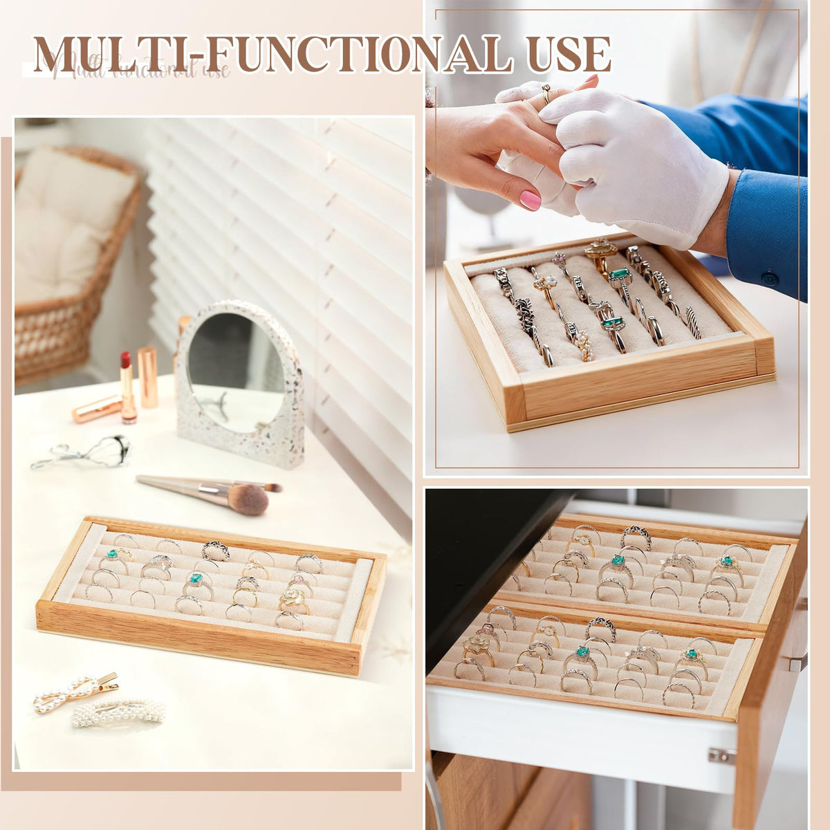Novabright 2 Pcs Bamboo Ring Holder, 5 Slot Rings Display Tray Stand, Jewelry Rings Earrings Tray Storage Organizer for Selling Retail Exhibitions (Beige)
