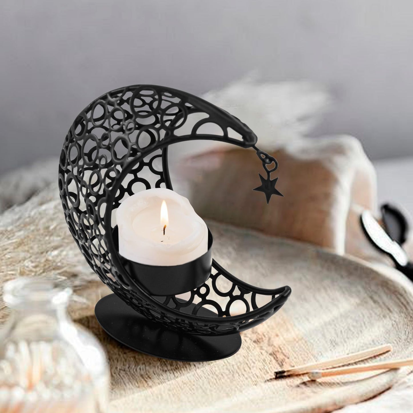 MrMrKura Moon Candle Holders Set of 2, Metal Tealight Candle Holder for Table Centerpiece Decorative Votive Candlesticks Holder for Party Home Decor (Black)