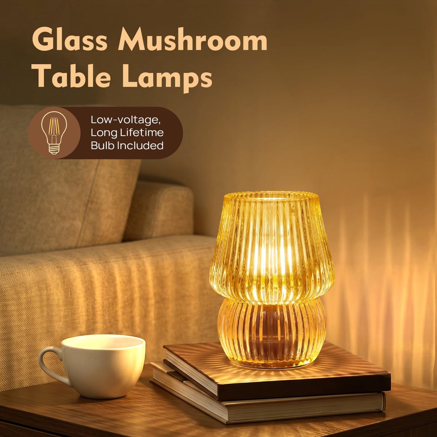 SisiHokai Small Battery Operated Lamp with Timer, Tiny Cordless Glass Table Lamp for Home Decor, Kitchen, Bathroom, Birthday Gift for Women, Mushroom, Amber