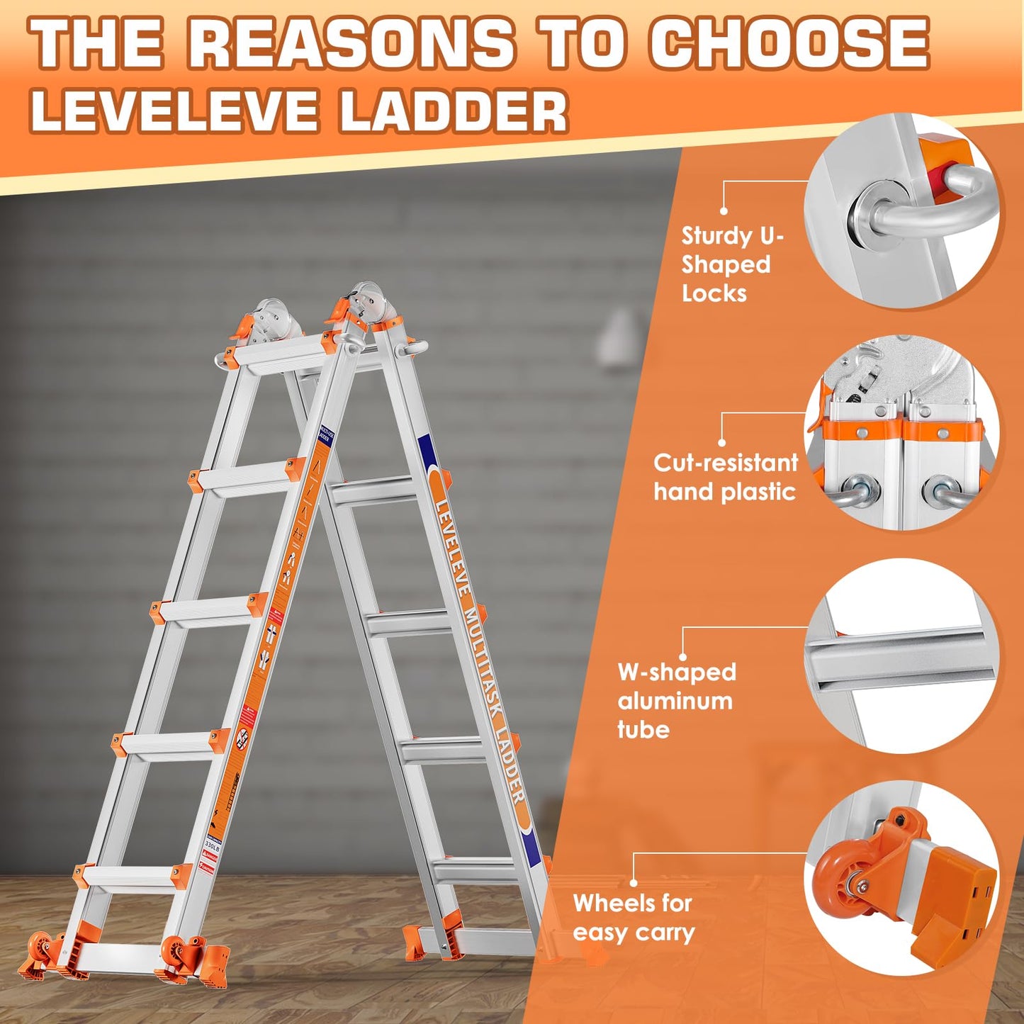 LEVELEVE A Frame 5 Step Ladder, 17FT Extension Ladder with Stabilizer Bar & Wheels,330 lbs Security Load Multi Position Ladder for Stairs Home Indoor Outdoor Roof