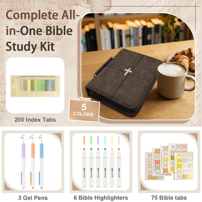 Classic Leather Bible Cover Case with Cross Design and Handle for Men Women, Durable Bible Study Supplies Organizer Carrying Bag, Perfect Christmas Gifts for Christians with Gift Box（Dark Brown