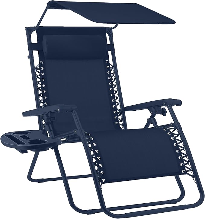 Best Choice Products Folding Zero Gravity Outdoor Recliner Patio Lounge Chair w/Adjustable Canopy Shade, Headrest, Side Accessory Tray, Textilene Mesh - Navy