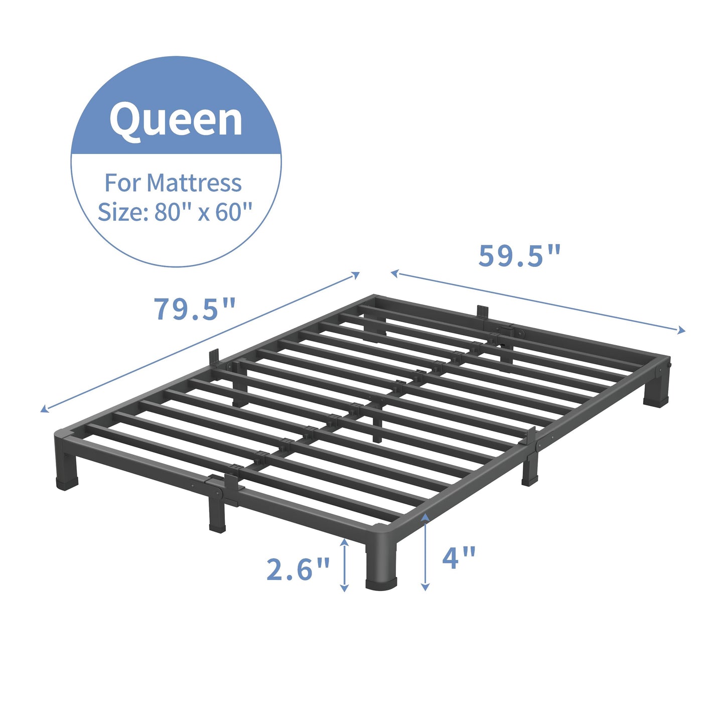 VIPSHOW 4 Inch Queen Bed Frame, 3500Lbs Heavy Duty Metal Platform with Round Corner Legs Mattress Slide Stopper, Steel Slat Support No Box Spring Needed, Noise Free, Non-Slip, Easy Assembly