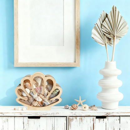 SEP SHIZHI Wooden Seashell Display Case with Acrylic Window, Sea Shell Holder, Sea Glass Shark Tooth Starfish Storage Collection Shadow Box, Memory Keepsake Box, Coastal Home and Room Decor