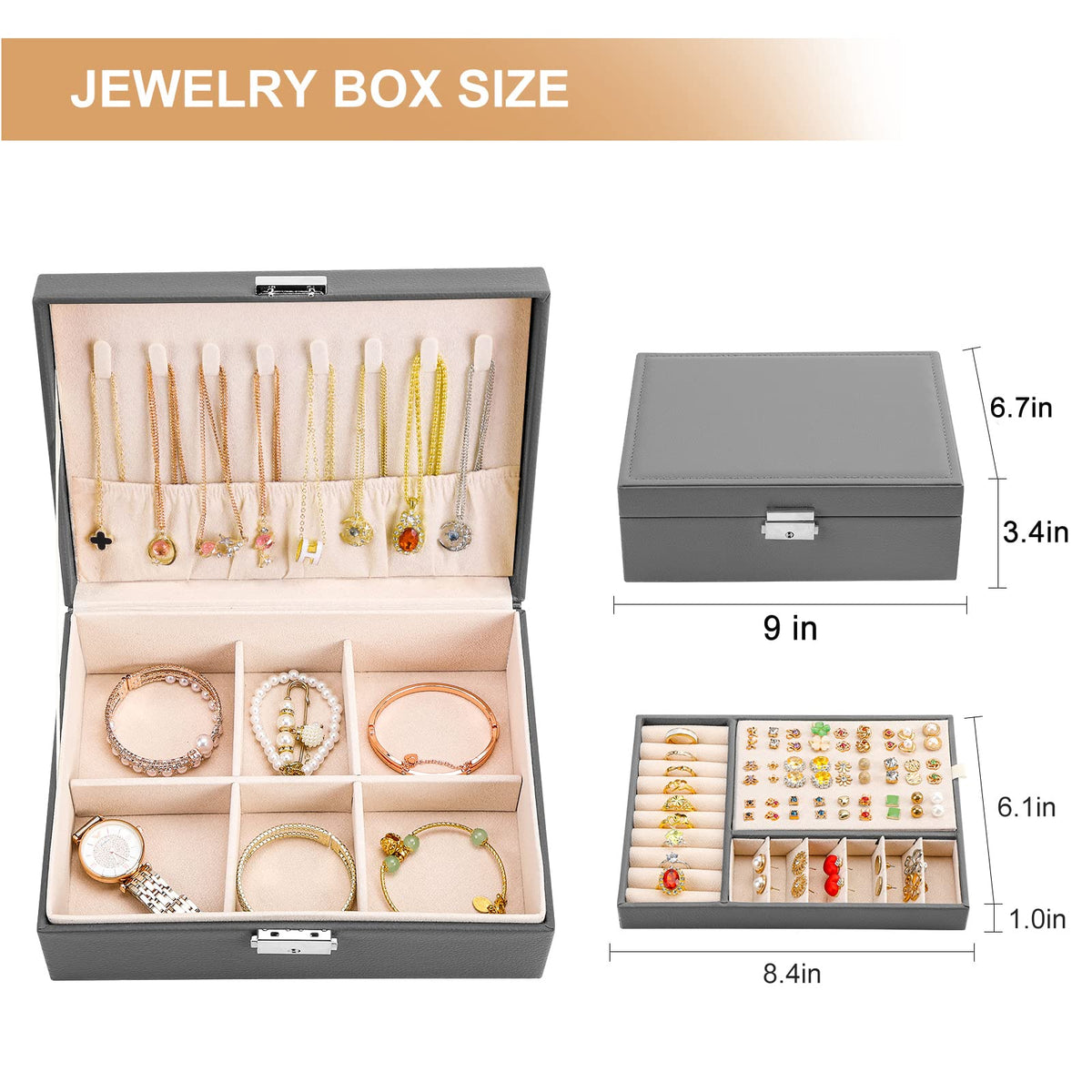 Jewelry Box for Women Girls 2 Layer Leather Travel Jewelry Organizer Storage Case with Lock and Removable Tray for Necklace Earrings Rings Bracelets Gift, Come with Polishing Cloth and Jewelry Bags