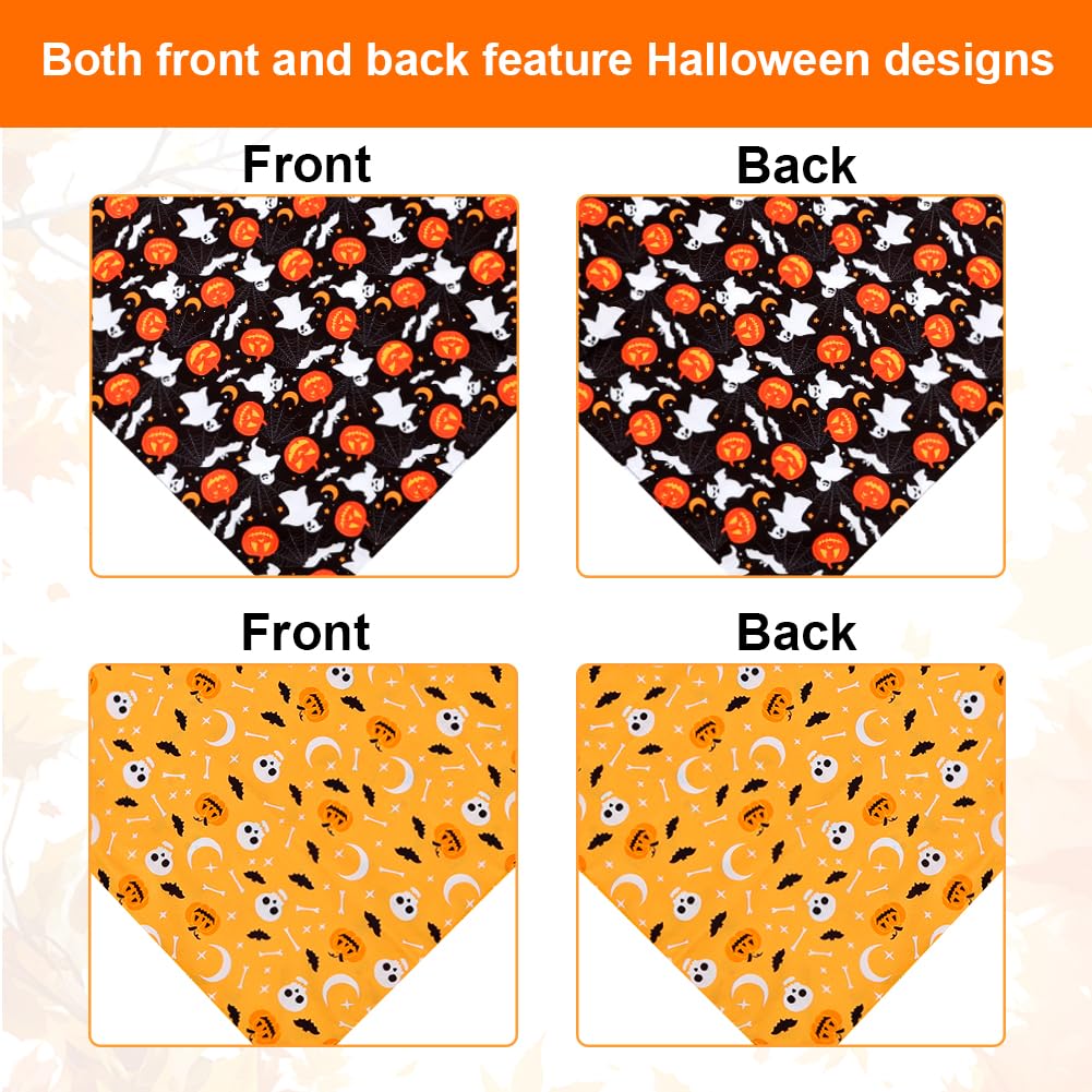 SZEE Halloween Dog Bandanas - 2 Pack Festive Pet Accessories with Skulls & Ghosts, Halloween Costumes for Dogs for Hauntingly Cute Looks This October (Large, Black & Orange)