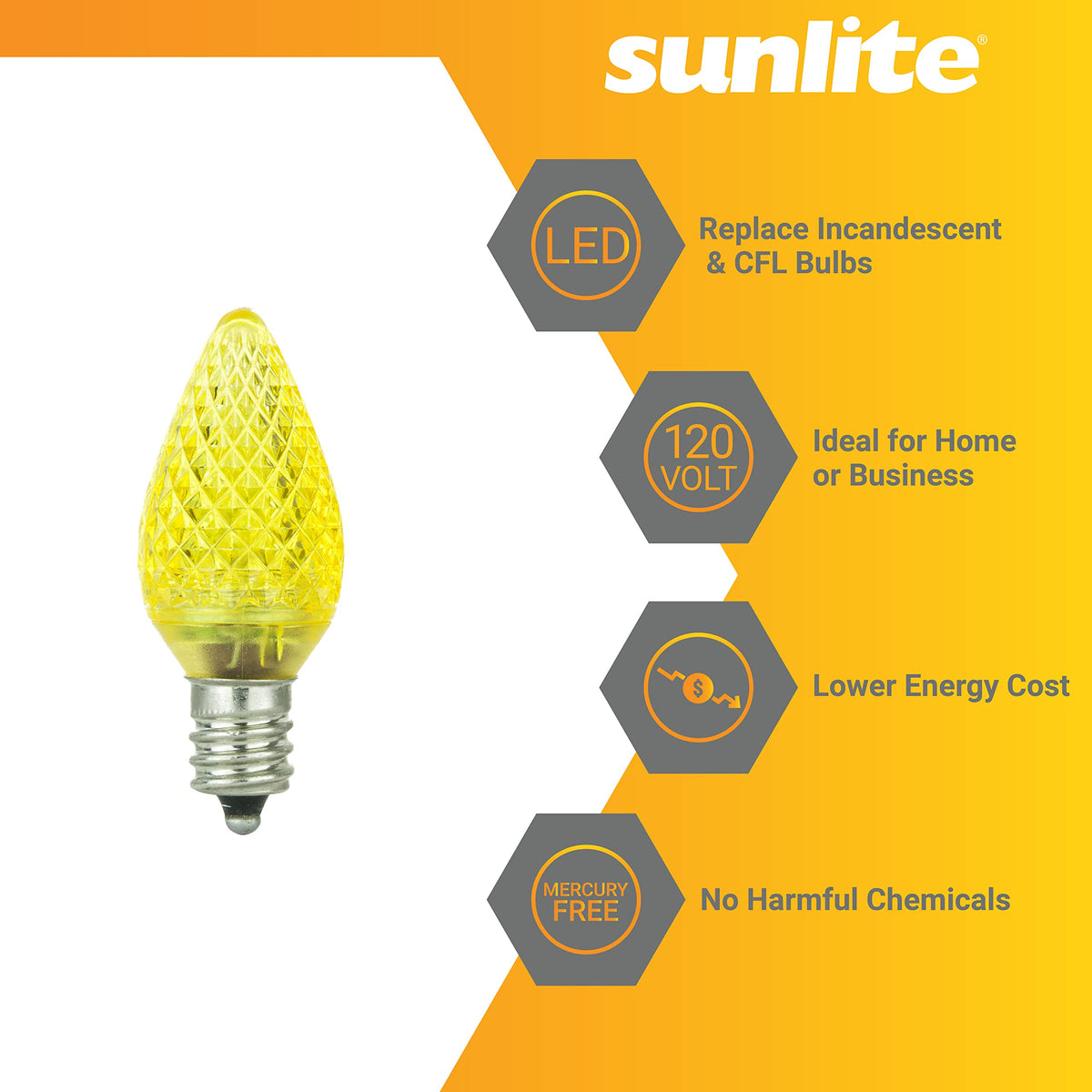 Sunlite 40462 LED C7 Holiday Decorative Light Bulb, 0.4 Watts, E12 Candelabra Base, Faceted Christmas-Lights; Nightlight, Yellow