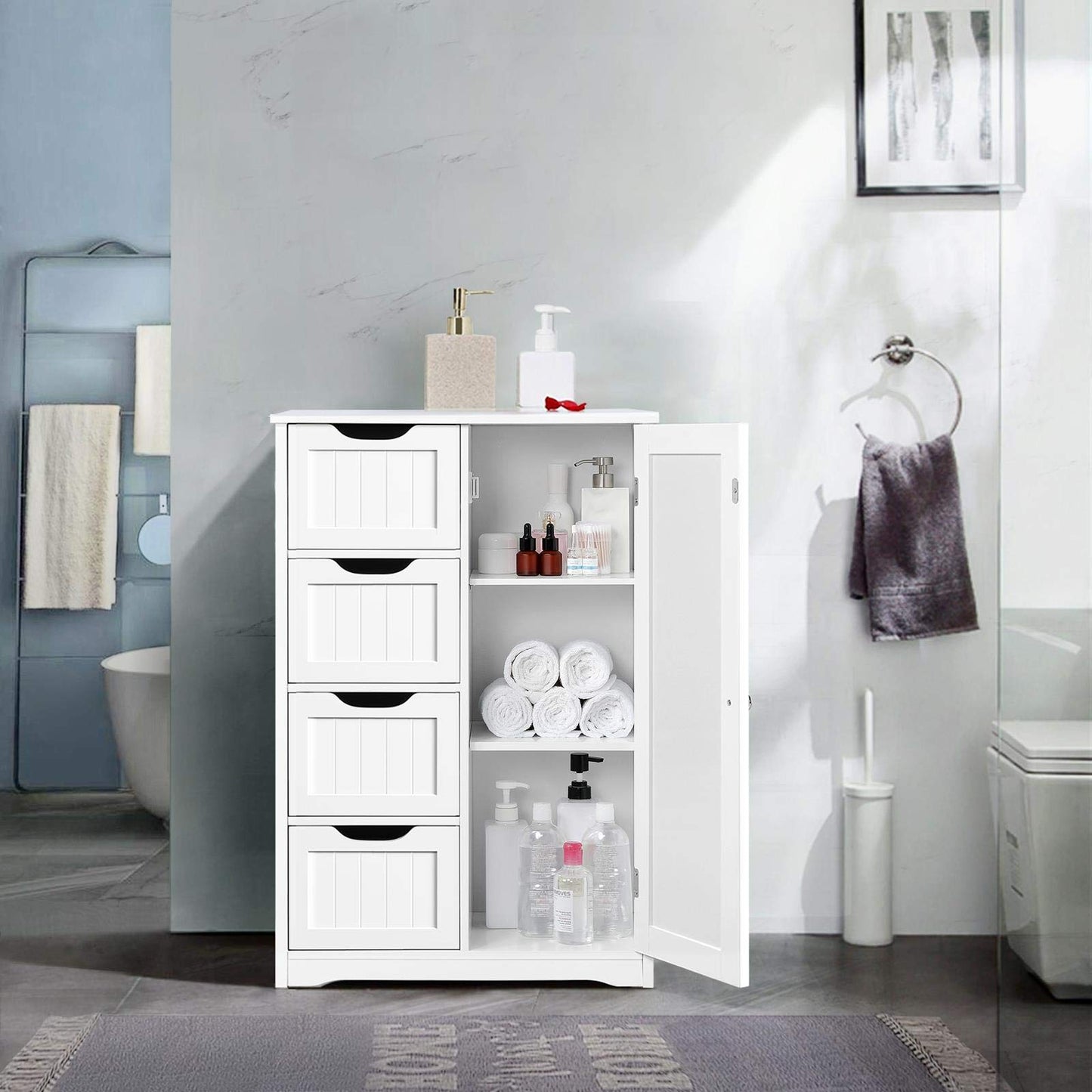 Yaheetech Bathroom Floor Cabinet Cupboard Free Standing Wooden Cabinet Storage Unit with 4 Drawers & 1 Door, Adjustable Shelf, White