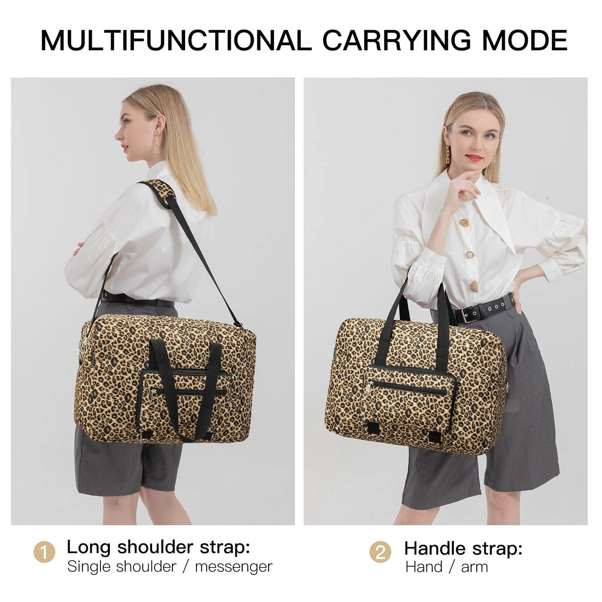 EXYANGEE Foldable Travel Duffel Bag, Medium Women's Weekender and Overnight bag carry on Luggage bag for Women(Leopard)