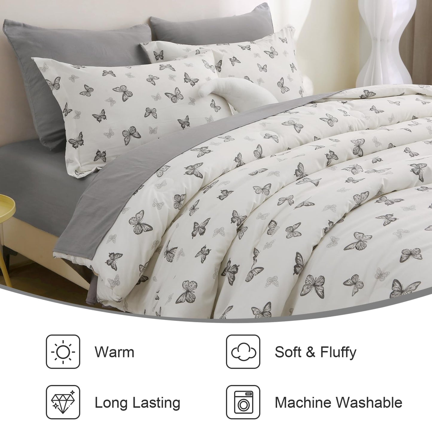 Jameswish 7 Pieces Black Butterfly Comforter Set for Girls Kids Soft Fluffy Bedding Set Twin Size Bed in A Bag as Gifts (1 Comforter, 1 Flat Sheet, 1 Fitted Sheet, 2 Pillowcase and 2 Pillow Sham)