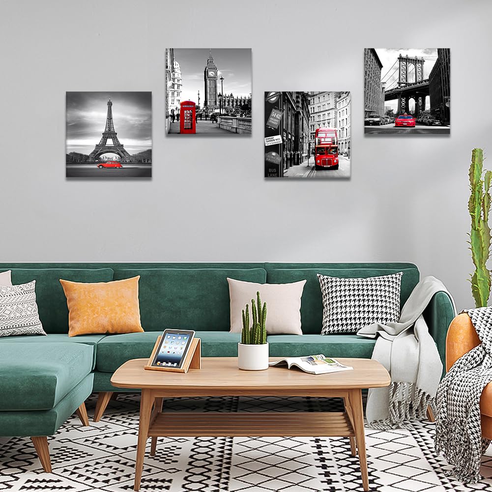 Artscope 4 Pieces Wall Art Canvas Prints - Red Cityscape with Eiffel Tower, Big Ben, Tower Bridge Picture Painting- Modern Wall Artwork Framed for Bathroom Home Office Decor - 30 x 30 CM