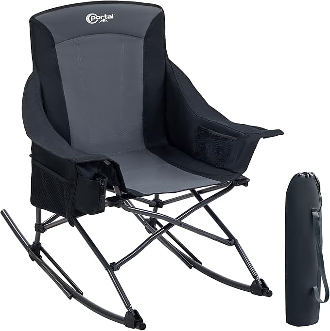 Portal Camping Rocking Chair Outdoors Folding Portable Rocker with Cup Holder Side Pocket Carry Bag, Support 350LBS, Black
