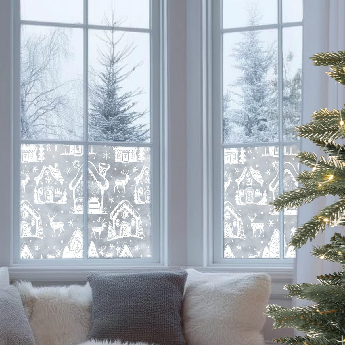 Window Privacy Film Holiday Art Christmas Static Clings Decorative Pure White Christmas House Elk Snowflake Glass Window Film Xmas Static Window Cling Privacy Stickers for Party Glass Supplies