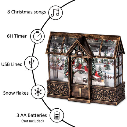 Christmas Lantern Snow Globe, Cardinal Music Box with 8 Songs, 6H Timer Battery Operated & USB Powered Suitable for Christmas Home Decorations Holiday Table Party Decor Gifts