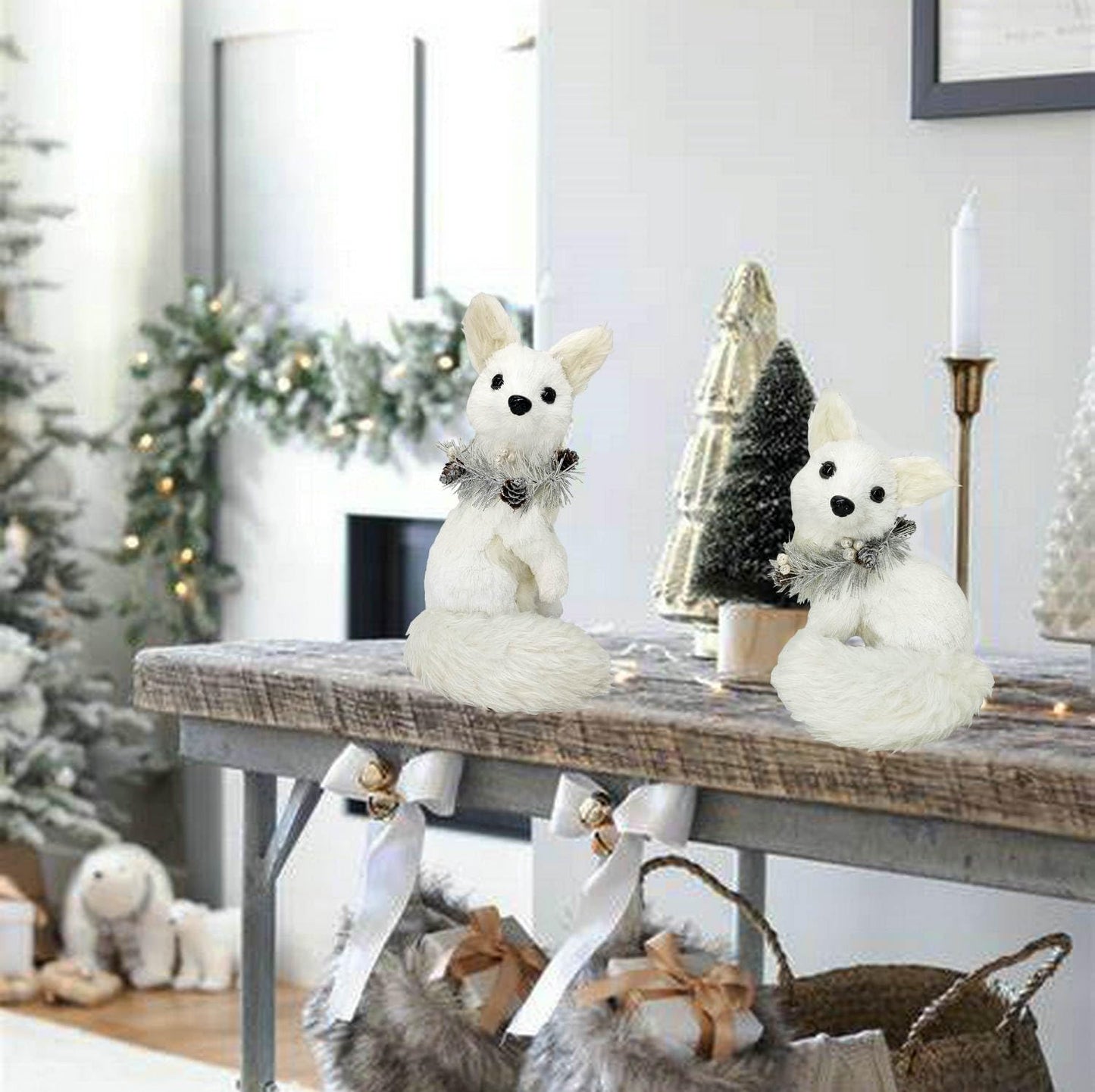 naturevibe 11.6 Inches Sisal Arctic Fox Figurine with Silver Garland Set of 2, Realistic Woodland Christmas Decor Animals as Winter Wonderland Decorations,Christmas Centerpiece or Fireplace Decor