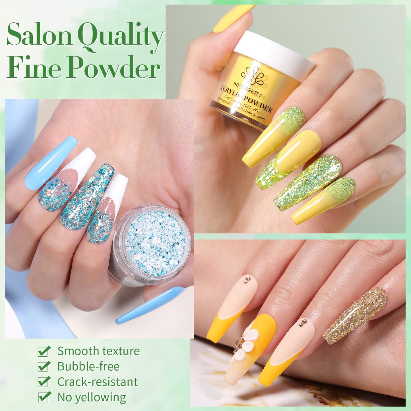 BORN PRETTY Acrylic Nail Kit - Acrylic Powder (Clear, White, Pink) & Liquid Set with Nail Forms, Brush Pen, File & Glass Container - Beginner Friendly