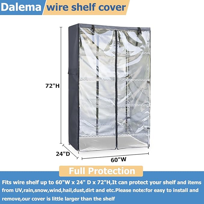 Waterproof Shelf Cover,600D Heavy Duty Dustproof Storage Wire Rack Covers,Outdoor Shelving Covers for Wire Shelves with Zipper 60''x24''x72'',Clear Front.
