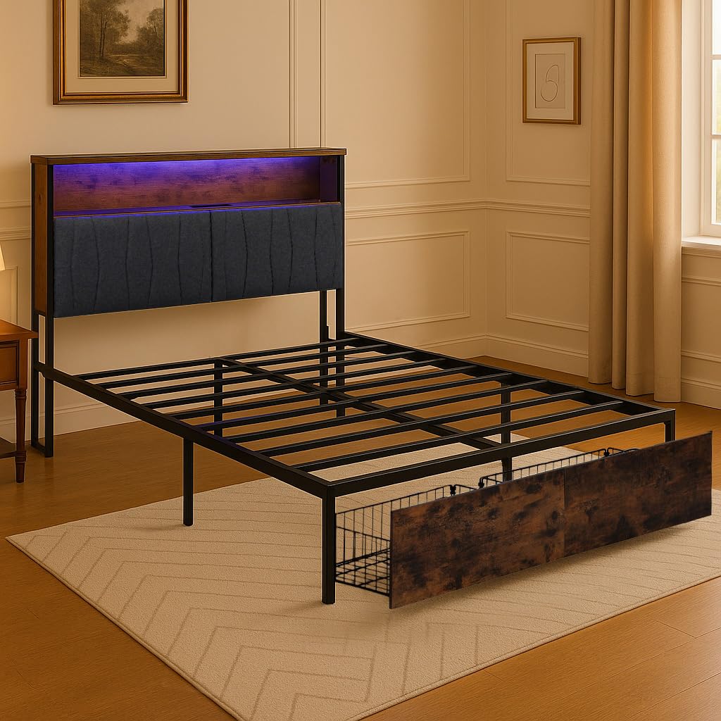 COMHOMA Queen Size Platform Bed Frame with LED Lights and Charging Station, Storage Headboard and Footboard Drawers, No Box Spring Needed, Rustic Wood Look