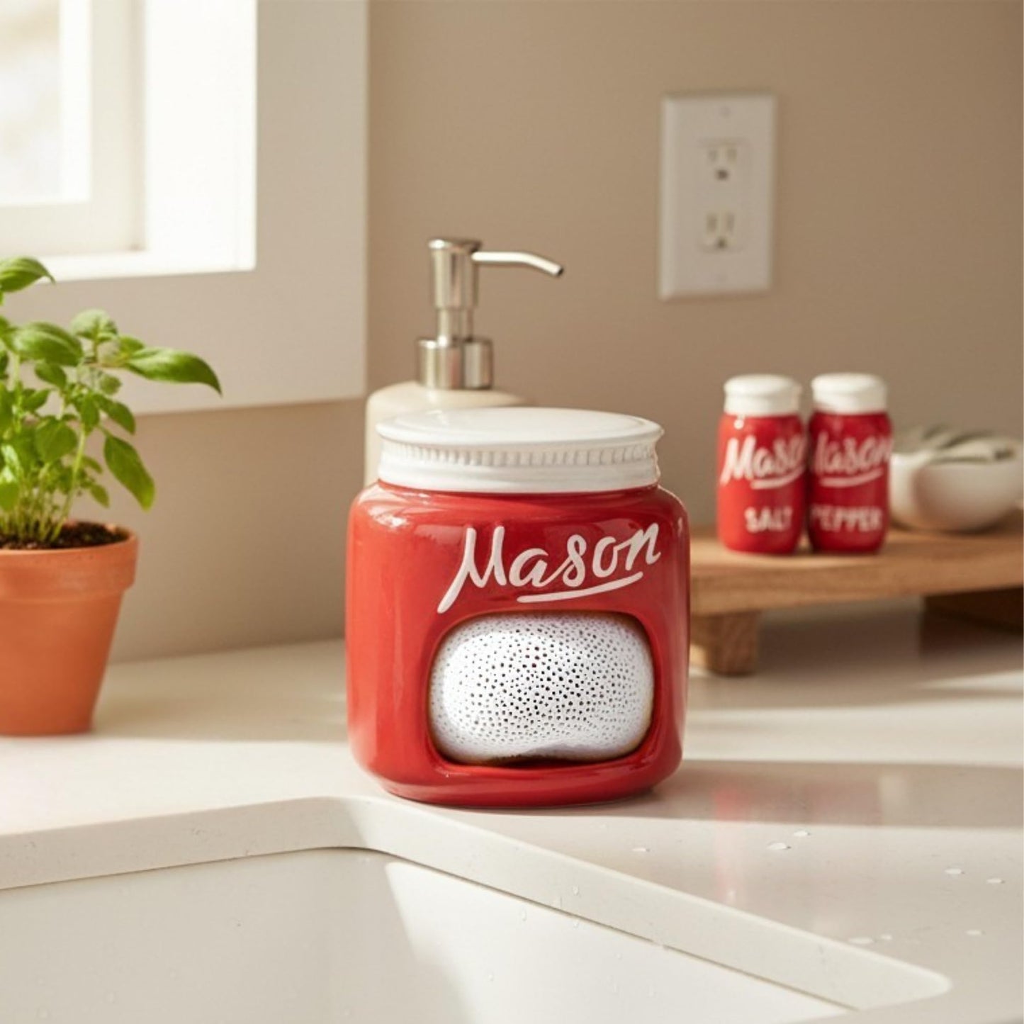 Mason Jar Ceramic Canister Set, Farmhouse Canisters Sets for the Kitchen Decor, Utensil Holder, Spoon Rest, Cookie Jar, Salt & Pepper Shaker, Sponge Holder, Measuring Cups & Spoons (Red, 17-Pc Bundle)