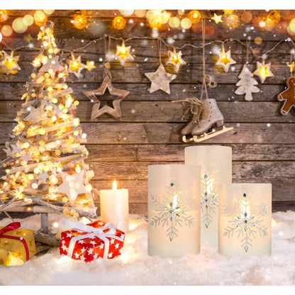 Crystal Club Christmas Flameless Candles, Battery Powered LED Real Wax Candles, Holiday Glass Flickering Candles with Beads and Snowflake Design for Xmas Tree, Home Mantel, Bedroom Decor, Set of 3