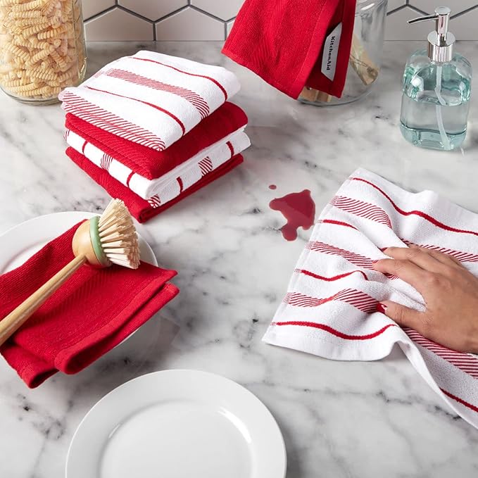 KitchenAid Albany Dishcloth 8 Pack Set, Passion Red/White