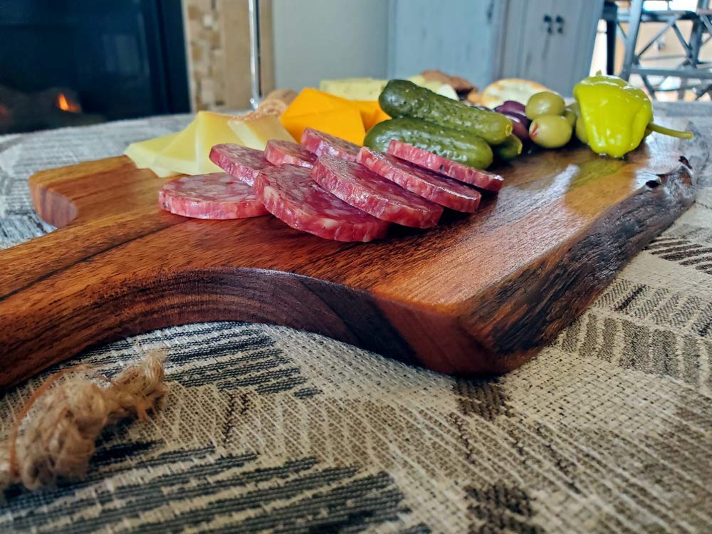 Acacia Charcuterie Board with Natural Live Edge & Handle - Wood Cheese Board - Decorative Wooden Serving & Cutting Board - Housewarming, Mothers Day, New Home & Wedding Gifts (18” x 8”)